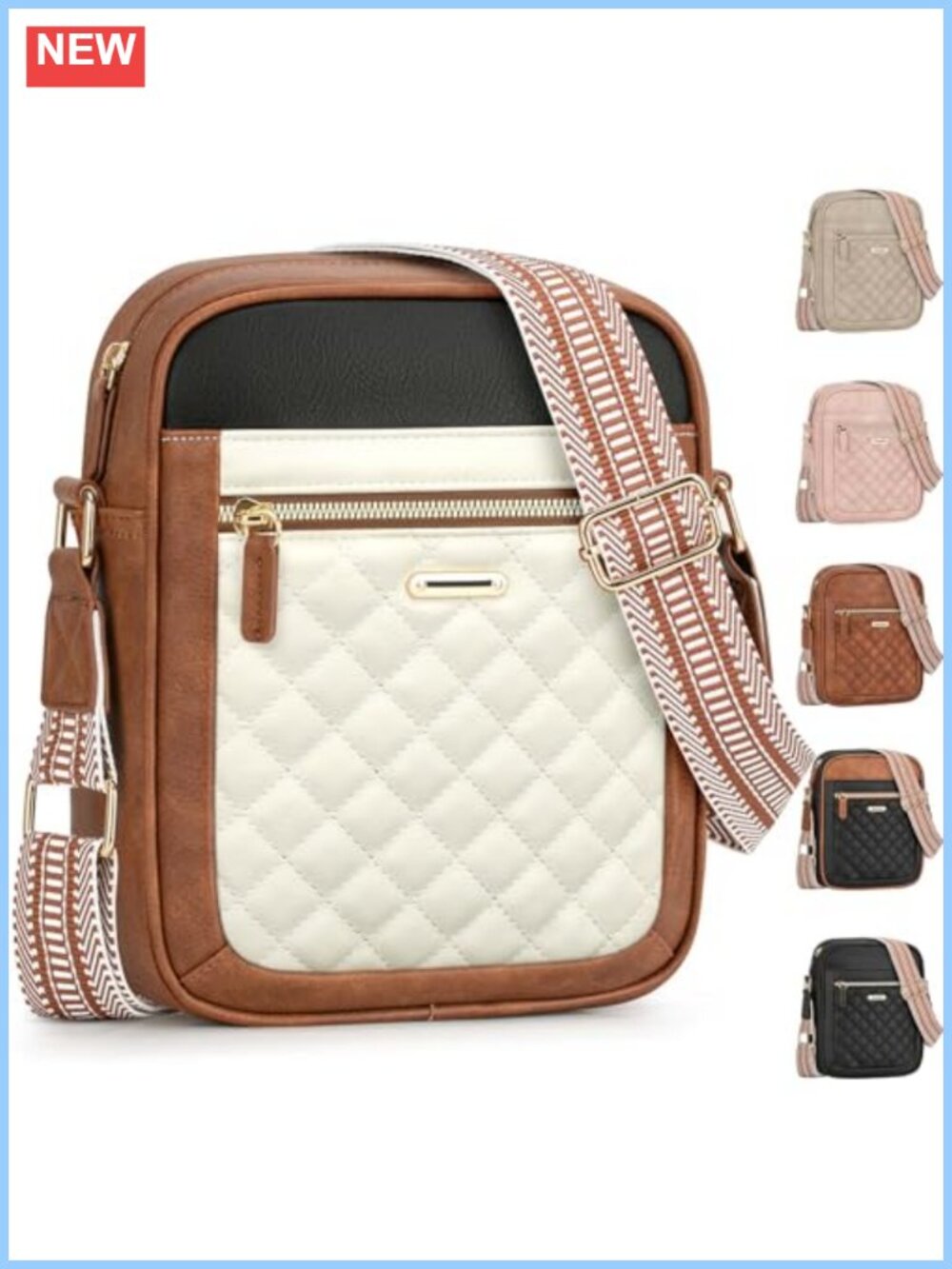 Quilted Vegan Leather Crossbody Bag Multi-Pocket Adjustable Strap